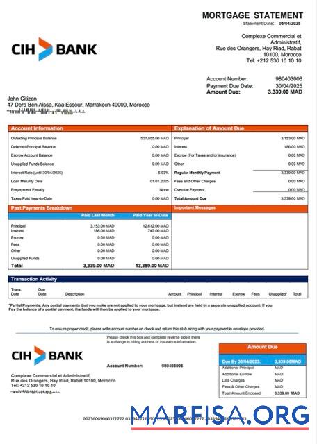 Downloadable Morocco Crédit Immobilier et Hôtelier mortgage statement Word and PDF template
